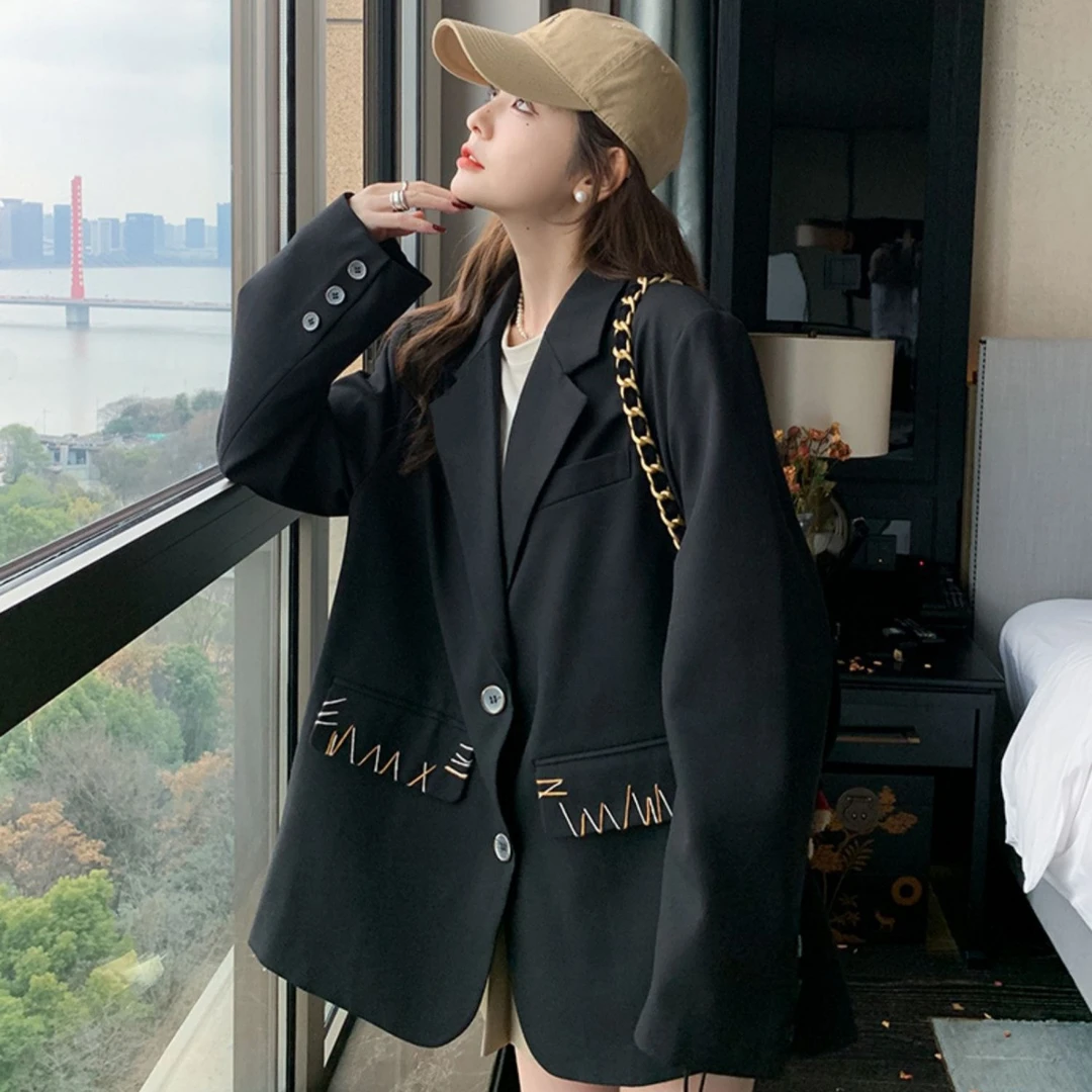 2025春季新款高级感中长款大码女装西服外套胖mm宽松气质休闲西服