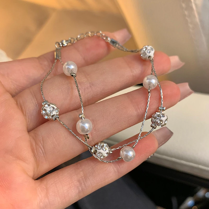 铜合金仿珍珠手链 SL8824满天星双层叠戴仿珍珠手链女镶水钻