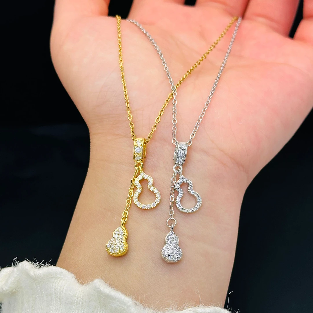 钛钢项链 金色葫芦吊坠项链女锁骨链高级感满钻颈链时尚