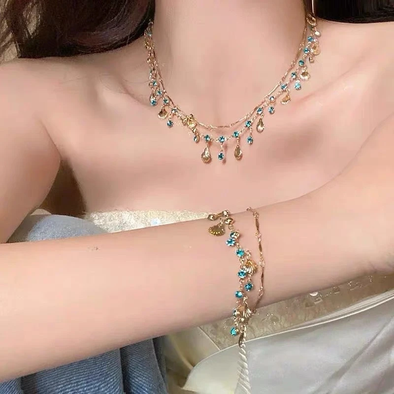 合金锆石项链 XL8875蓝色锆石金色贝壳项链百搭项链