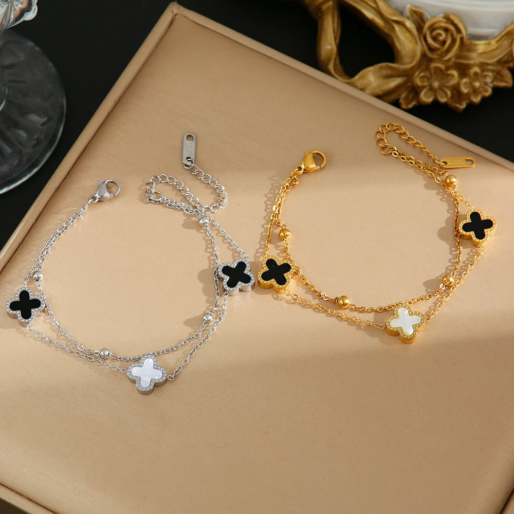 钛钢手链 双面四叶草手链女时尚双层链钛钢