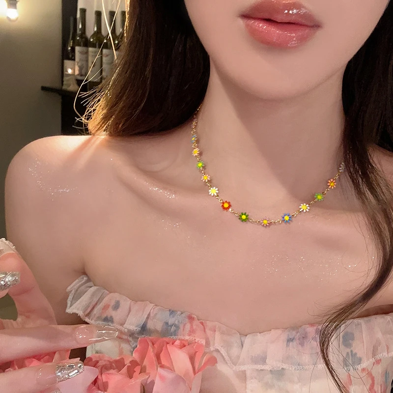 铜合金项链 XL8898清新小雏菊~彩色花朵项链女款锁骨链颈链