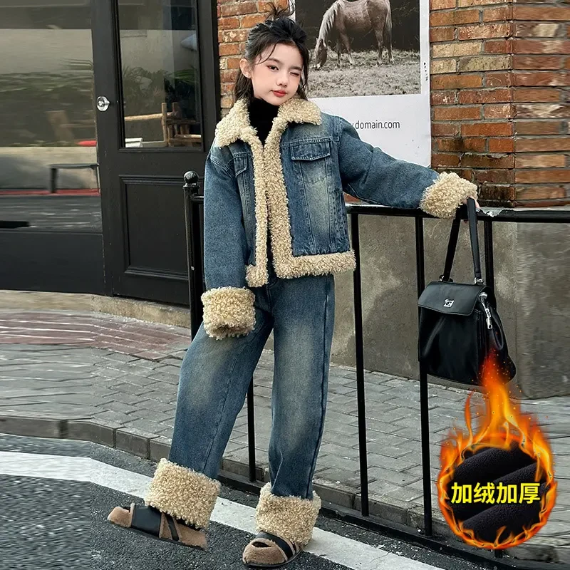 女童加厚牛仔套装2025新款儿童秋冬装羊卷毛外套长裤加绒两件套潮
