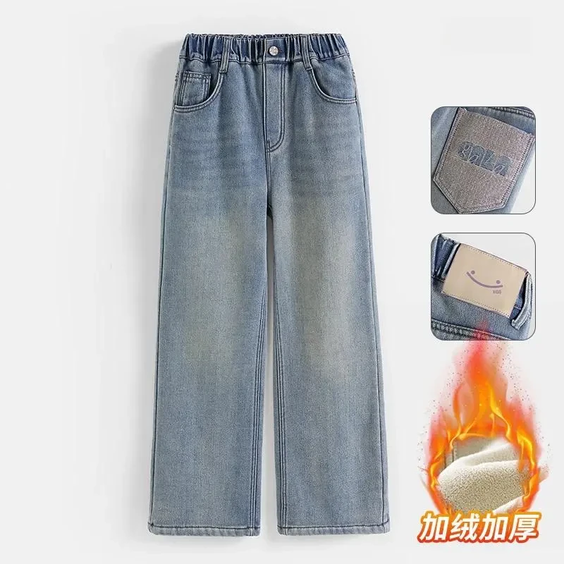 女童加绒牛仔裤2024新款加绒保暖中大童百搭简约款口袋刺绣阔腿裤