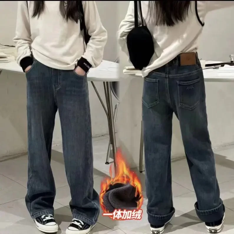 女童牛仔裤加绒2025新款中大童宽松直筒百搭休闲裤儿童长裤冬季