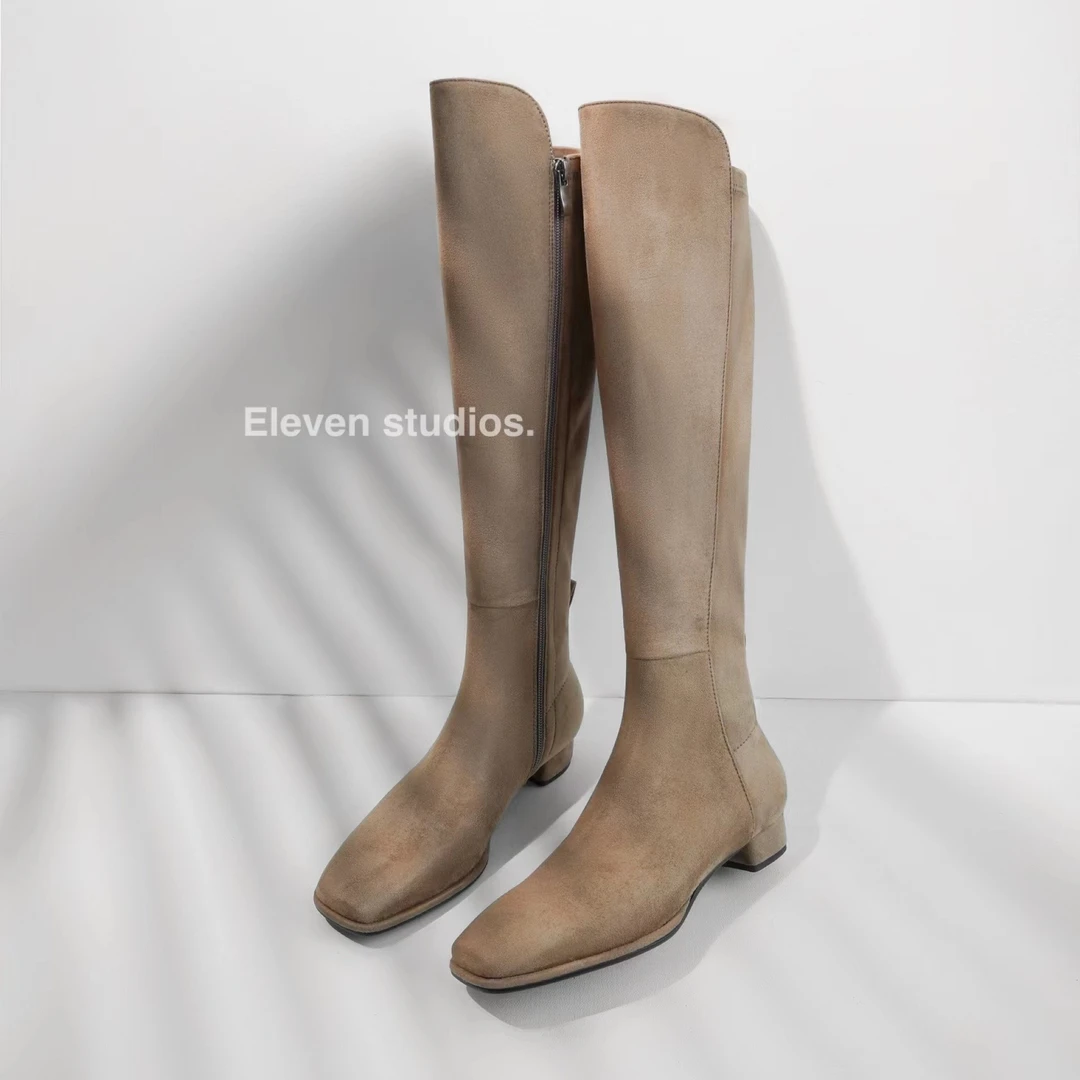 【Eleven.】秋冬长筒靴 方头粗跟时尚弹力包腿瘦瘦靴【2.5公分】