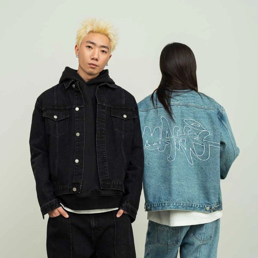 Makemore牛仔外套男水洗刺绣美式街头复古重磅做旧宽松休闲外套女