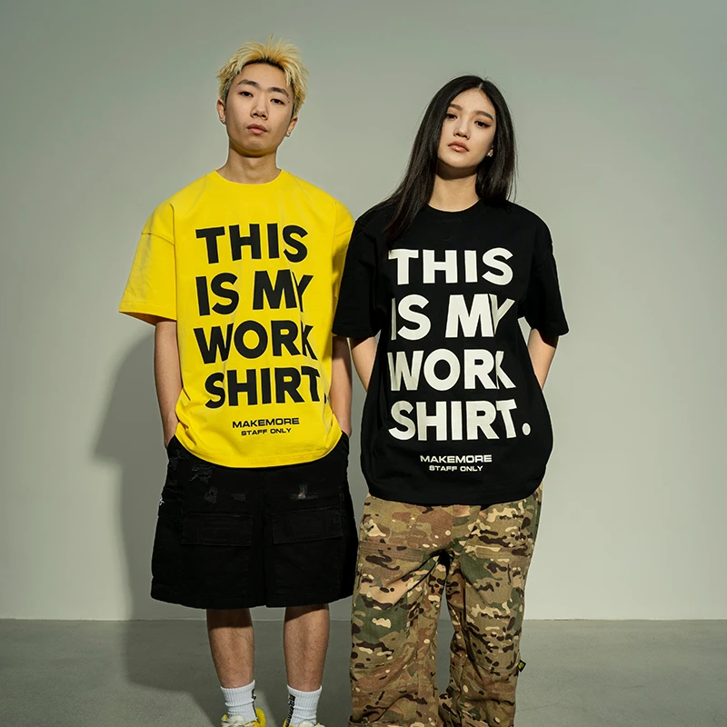 Makemore短袖T恤男夏WORK字母黄色美式高级重磅宽松纯棉圆领半袖