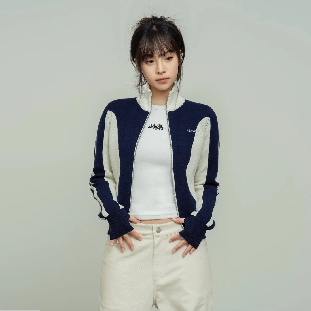 Makemore针织衫女秋冬新款立领拼接毛衣开衫显瘦慵懒短款辣妹长袖