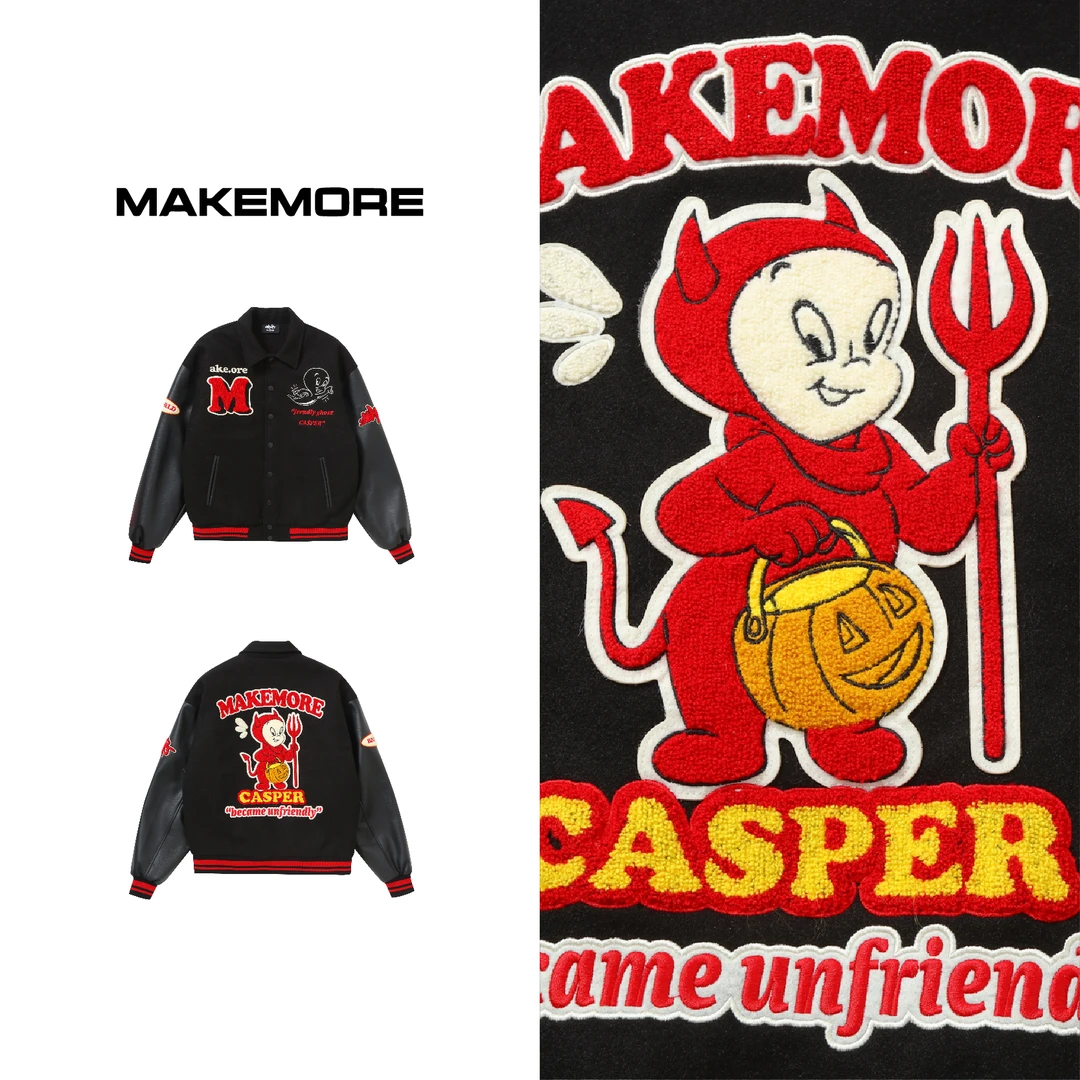 Makemore夹克男秋冬款毛呢刺绣翻领加厚棒球服美式红色潮流棉服女