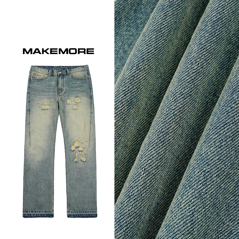 Makemore复古怀旧水洗牛仔裤破坏压线显瘦情侣休闲直筒宽松长裤潮