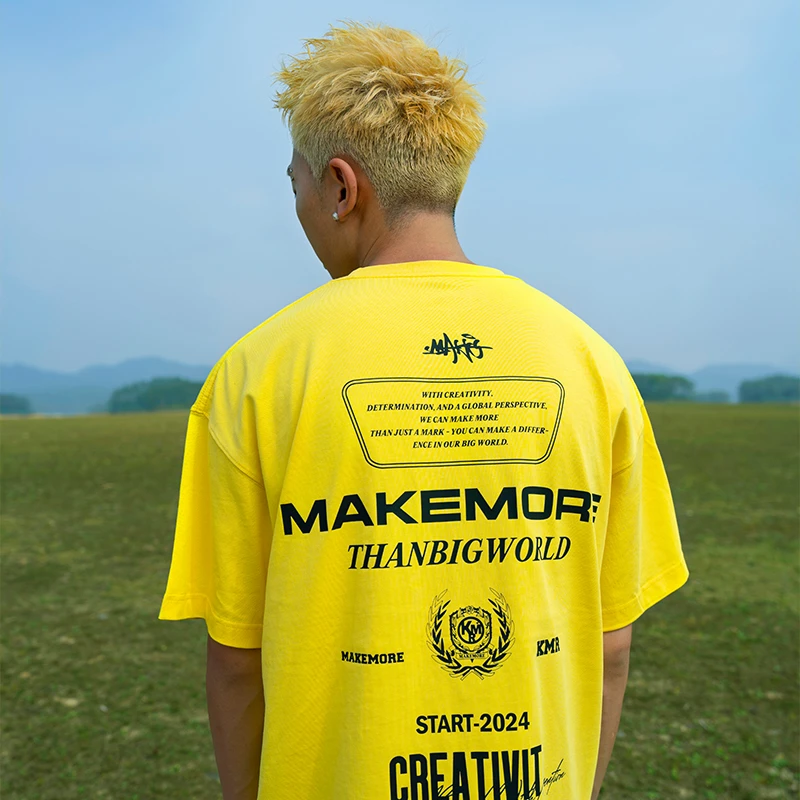 Makemore短袖T恤男黄色印花纯棉重磅美式复古宽松休闲情侣半袖女