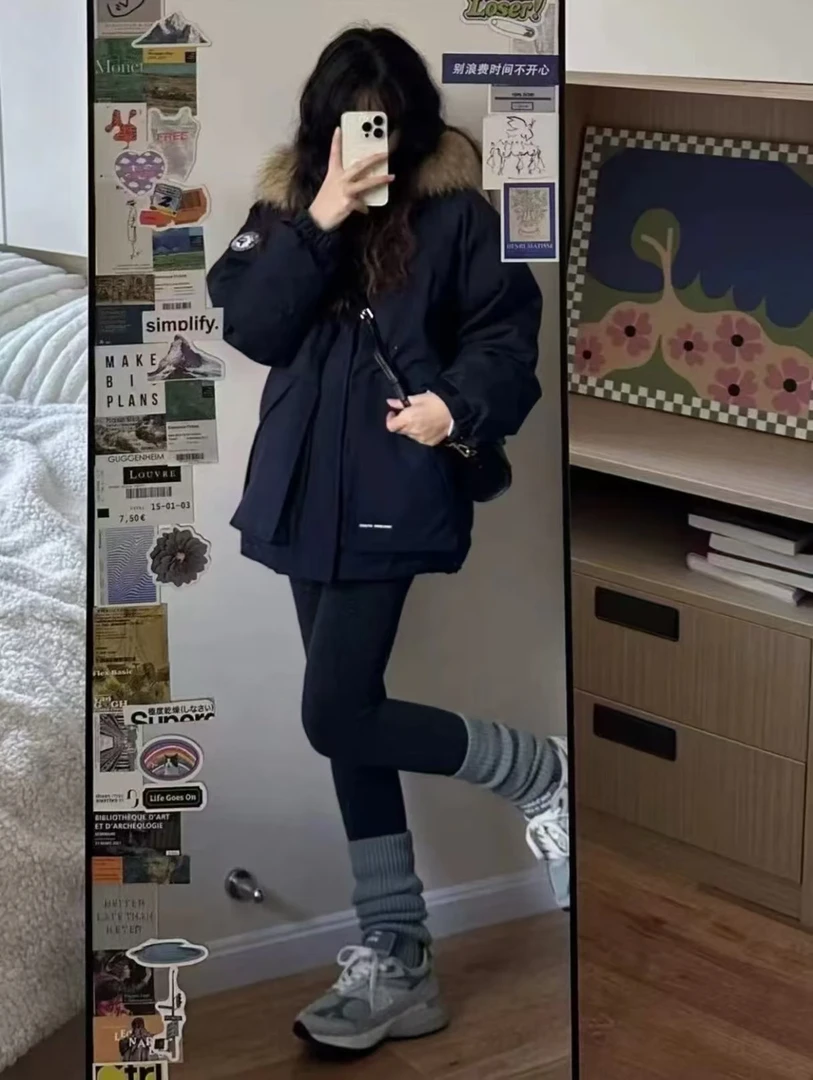 2024藏蓝色工装棉衣派克棉服女大毛领冬季高级感加厚韩系冬装外套
