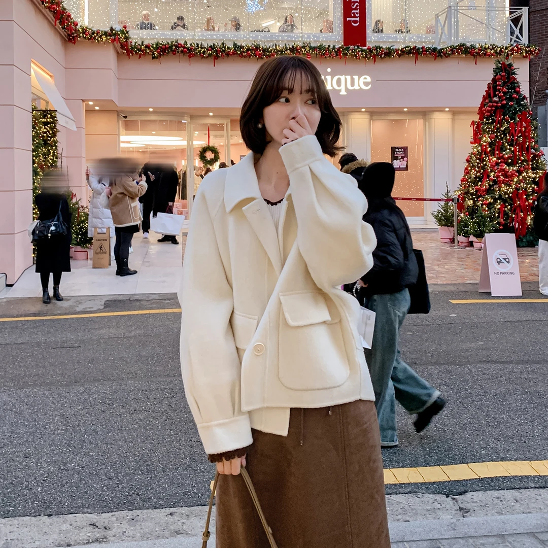 【奶油海盐】FS412W041单排扣翻领毛呢外套