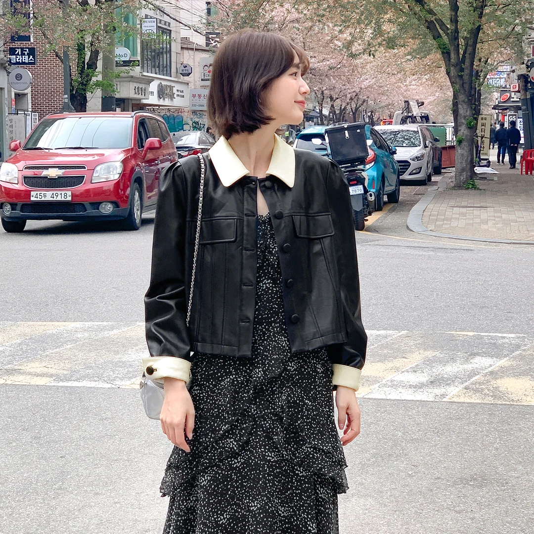 「新品」【甜酷写真】撞色皮衣外套FS401W030