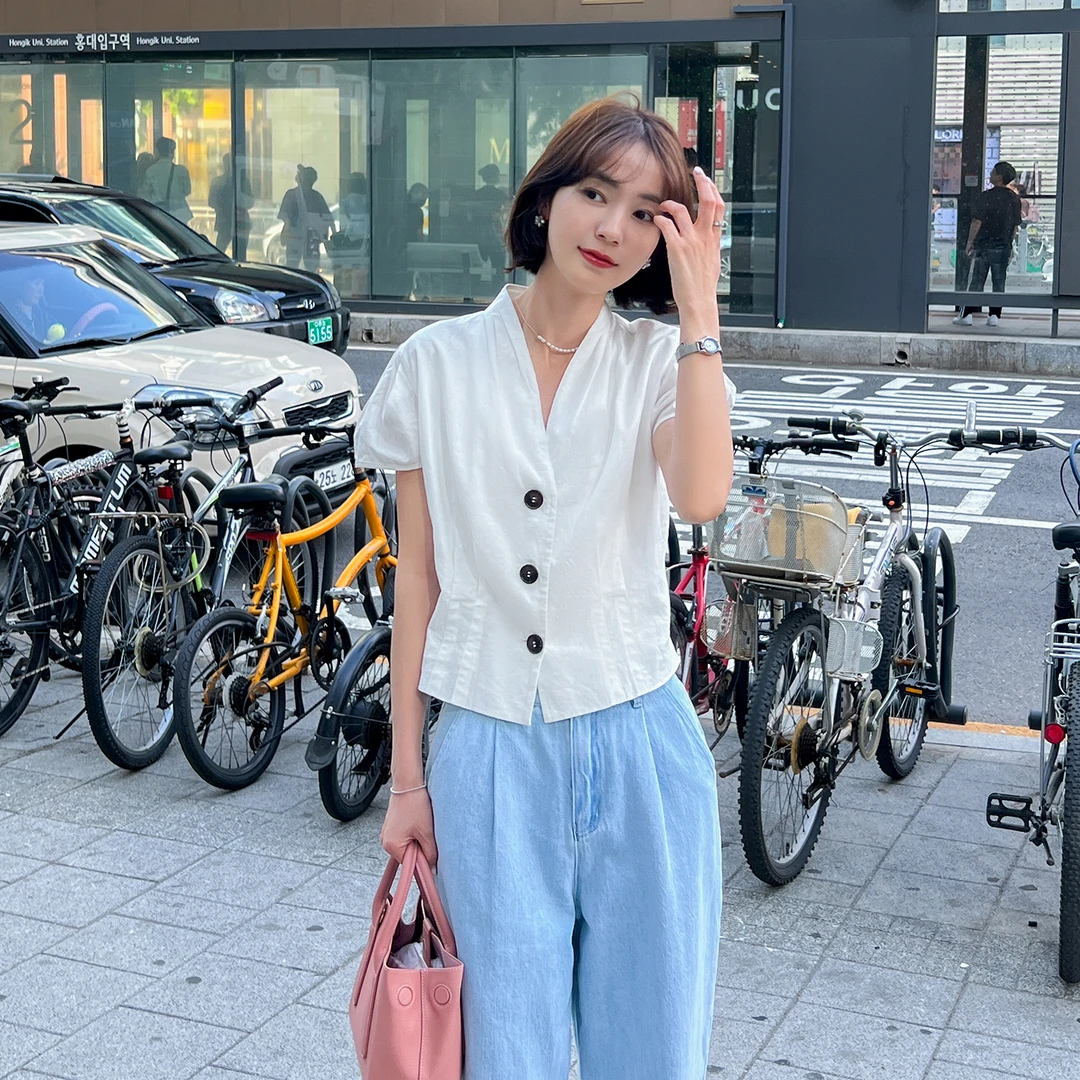 「新品」【新月百合】单排扣V领衬衣FS305S001