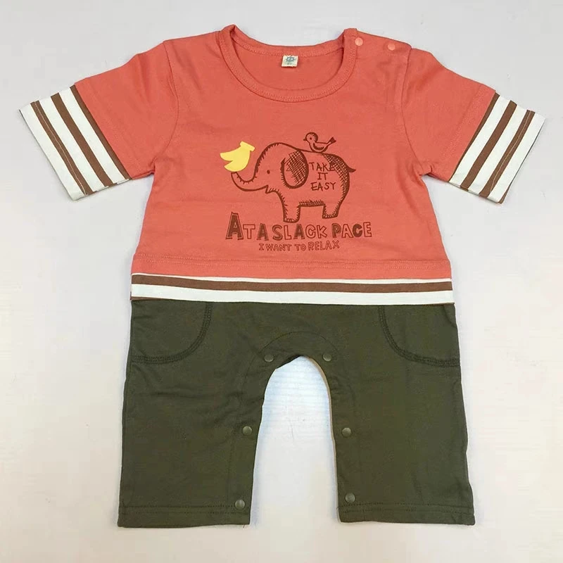 66 73 80婴儿假两件短爬 宝宝爬爬服休闲卡通条纹拼接短爬