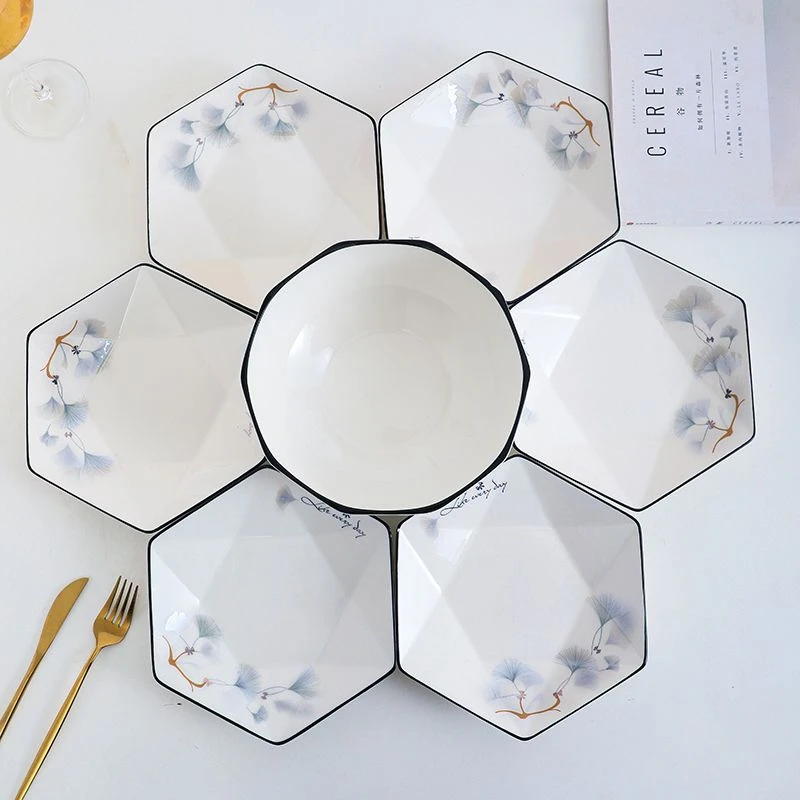 银杏花开六角拼盘子+1个8英寸汤碗+1个大汤勺网红陶瓷餐具