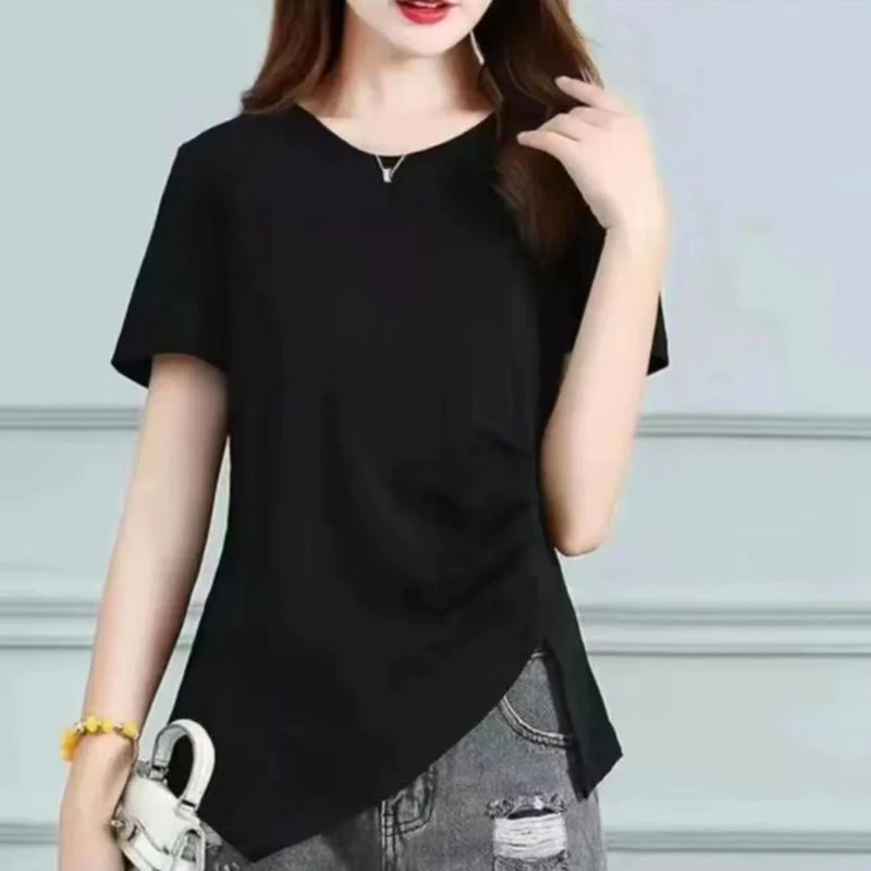 2025夏季时尚洋气百搭显瘦气质纯色圆领侧开叉不规则弹力T恤短袖