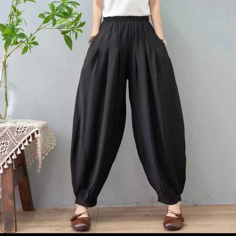2024春夏新款时尚灯笼裤女民族风纯色宽松大码肥腿裤萝卜休闲长裤