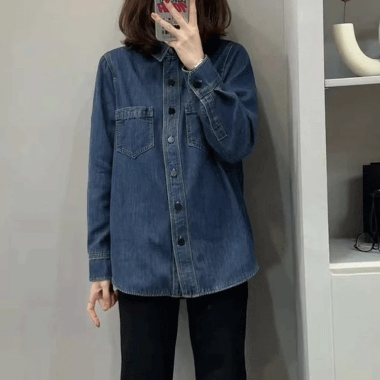 加绒牛仔衬衫女长袖加厚2024秋冬新款韩版设计感百搭叠穿上衣小众