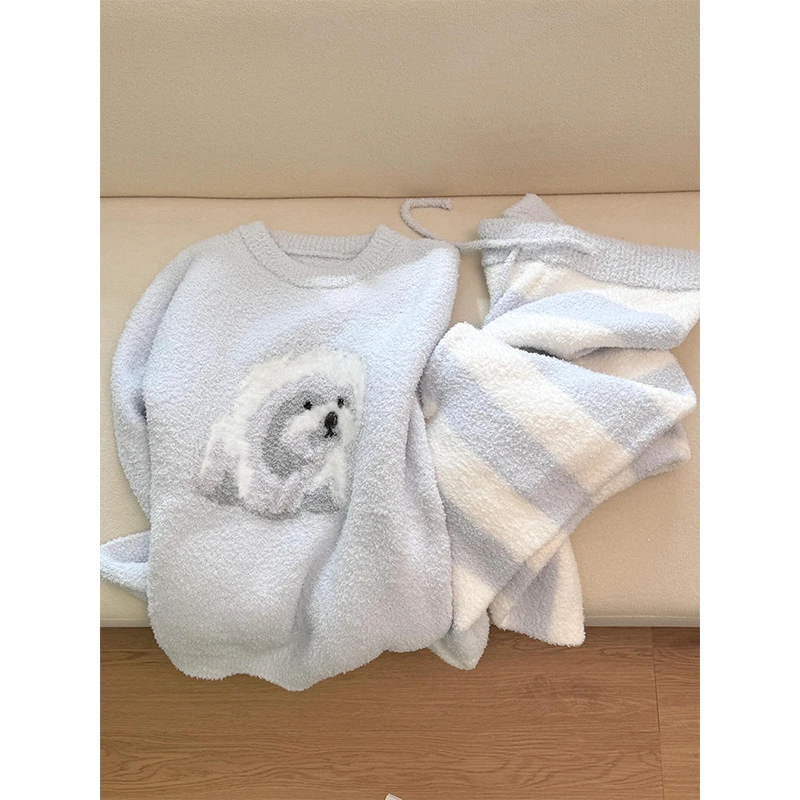 亲肤软糯半边绒睡衣女冬季新款保暖套头针织衫条纹长裤睡衣套装女