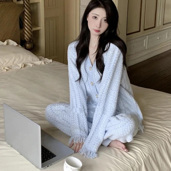 法式小香风少女半边绒睡衣女冬季新款大码加厚针织家居服套装冬天