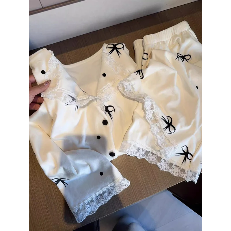 法式轻奢风蝴蝶结蕾丝花边睡衣女秋冬款加绒加厚法兰绒家居服套装