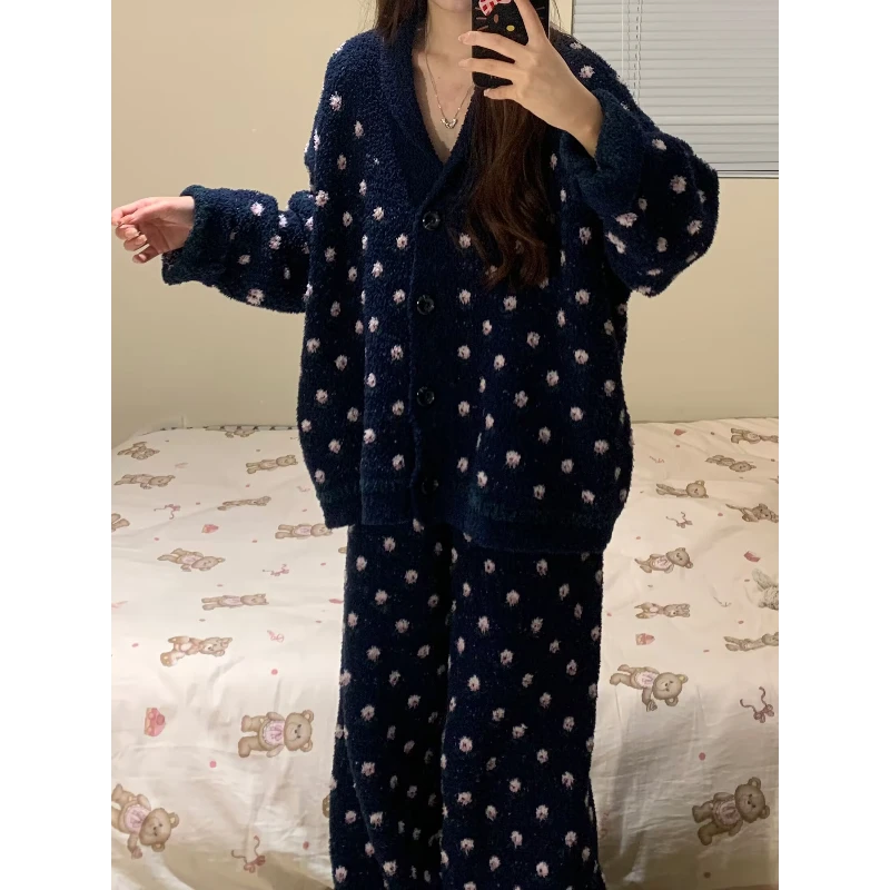藏青色碎花半边绒睡衣套装女冬季软糯糯针织开衫长裤家居服两件套