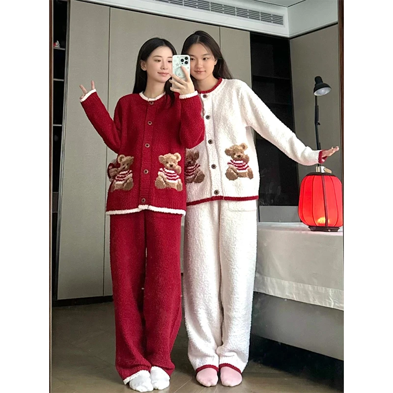 网红卡通小熊印花针织半边绒睡衣女冬季加厚保暖家居服情侣俩件套