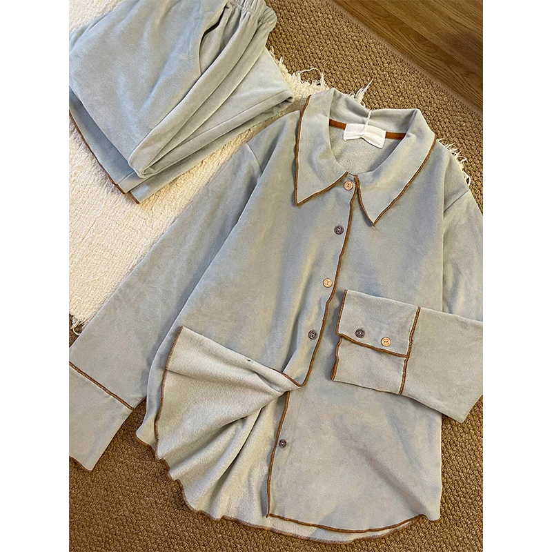 设计感小众长袖徳绒睡衣女秋冬款新款气质宽松显瘦简约居家服套装