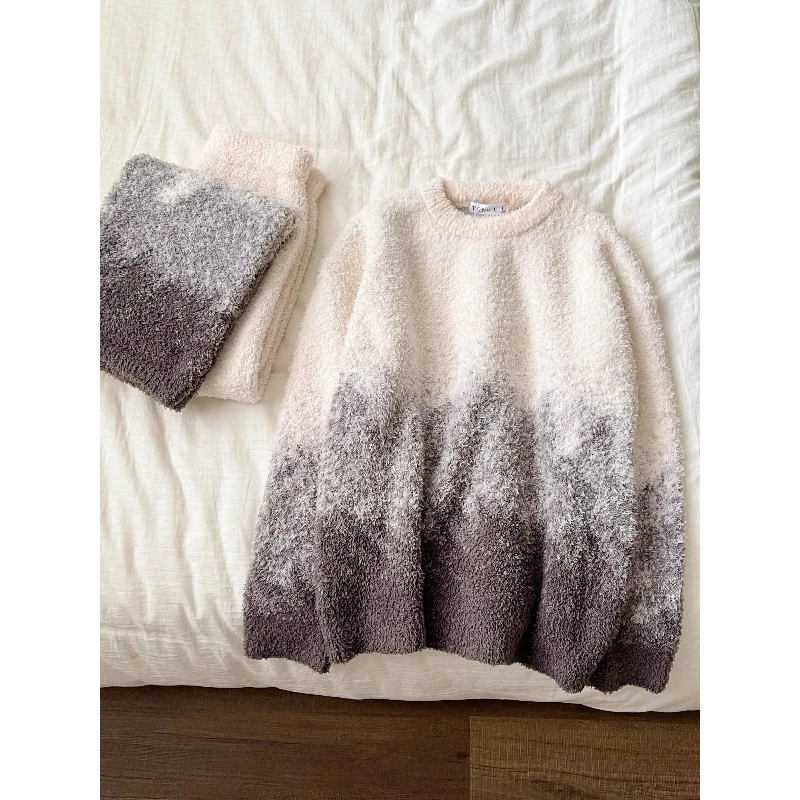 高级感渐变色半边绒睡衣女冬款加厚保暖针织家居服大码套装可外穿