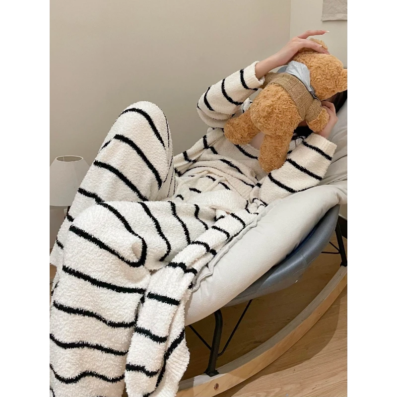 懒散风吊带半边绒睡衣套装女春冬季新款针织开衫加厚家居服三件套