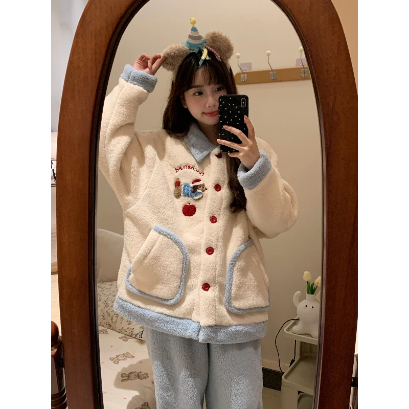 少女小狗软糯珊瑚绒睡衣女款冬季新款加绒加厚大码毛绒家居服套装