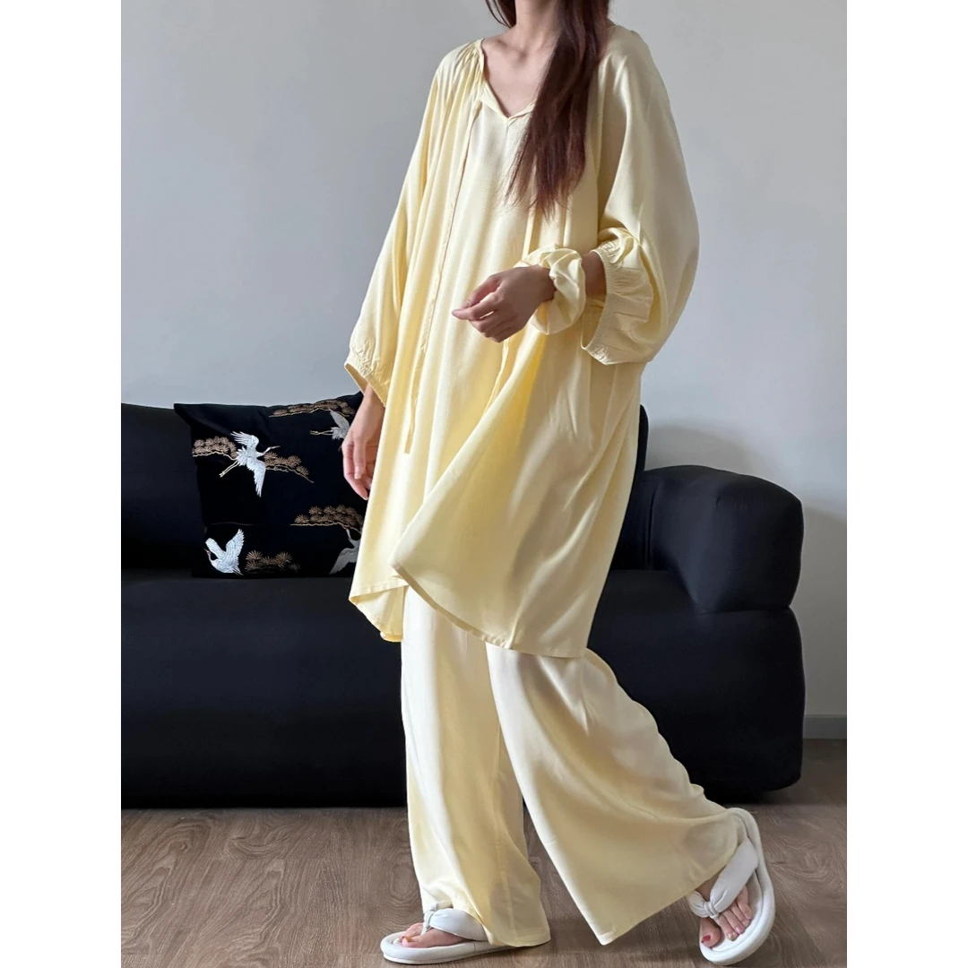 韩版柔软亲肤睡衣女套装夏季新款简约休闲宽松七分袖长裤子家居服