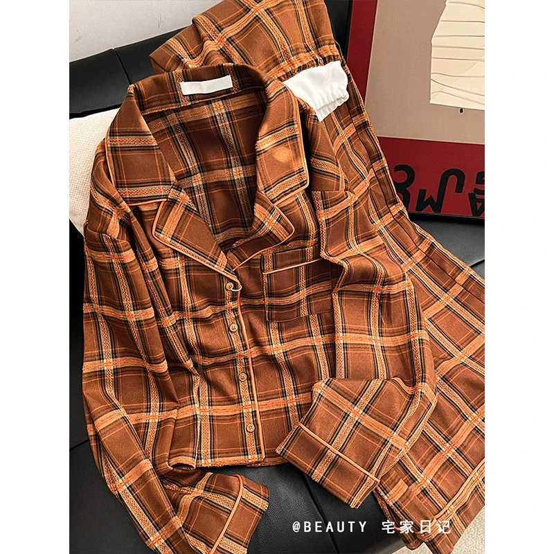 美拉德格纹高级感德绒睡衣套装女秋冬季新款加厚保暖家居服两件套