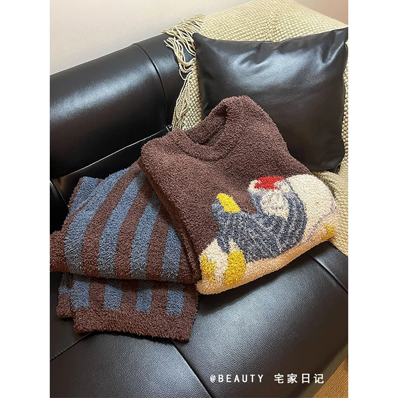 美拉德棕色半边绒睡衣女士加绒加厚套装韩系撞色卡通印花家居服冬