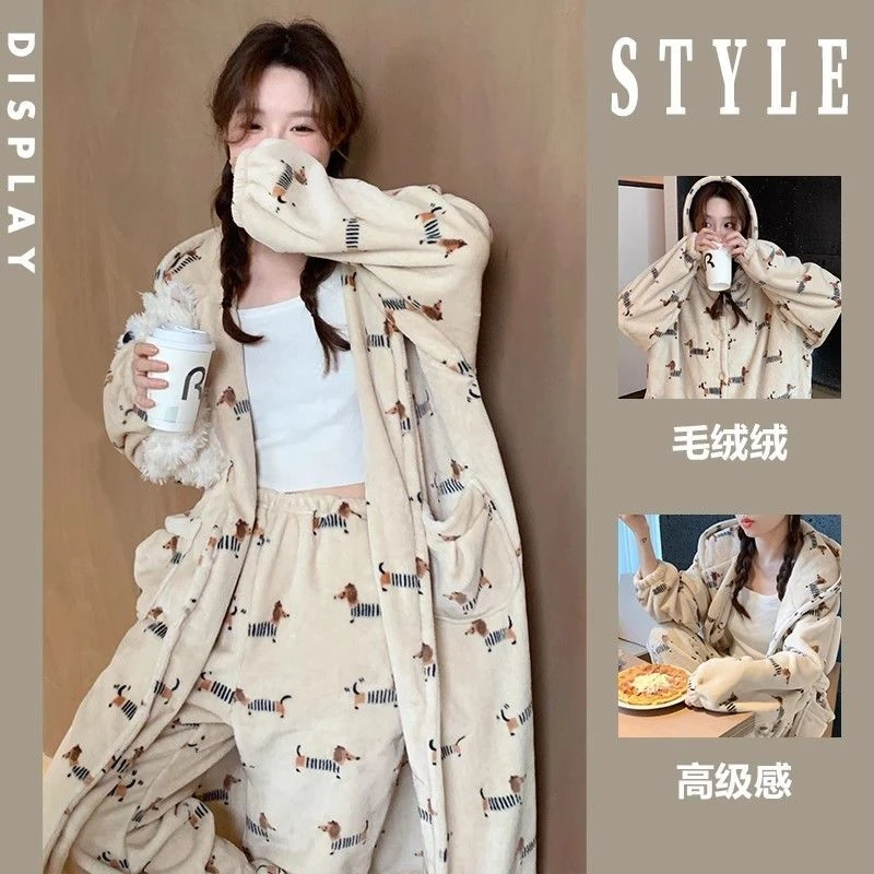 可爱卡通小狗珊瑚绒睡衣女冬季网红加厚毛绒睡袍长裤家居服套装冬