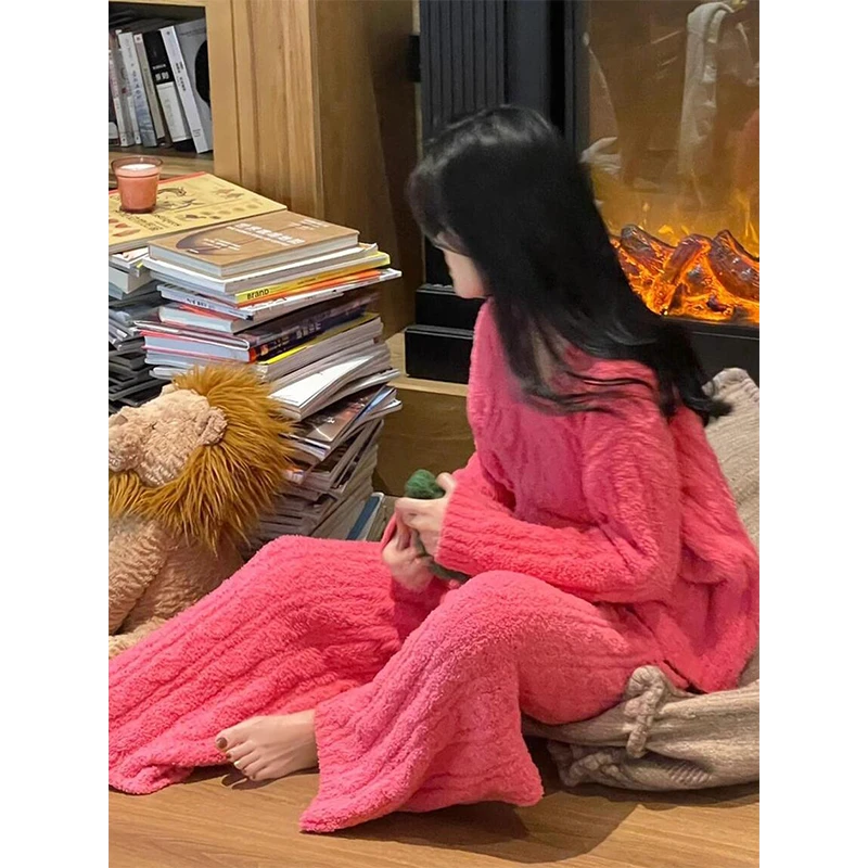 软糯纯色高级针织半边绒睡衣女秋冬季加厚保暖冬天家居服套装外穿