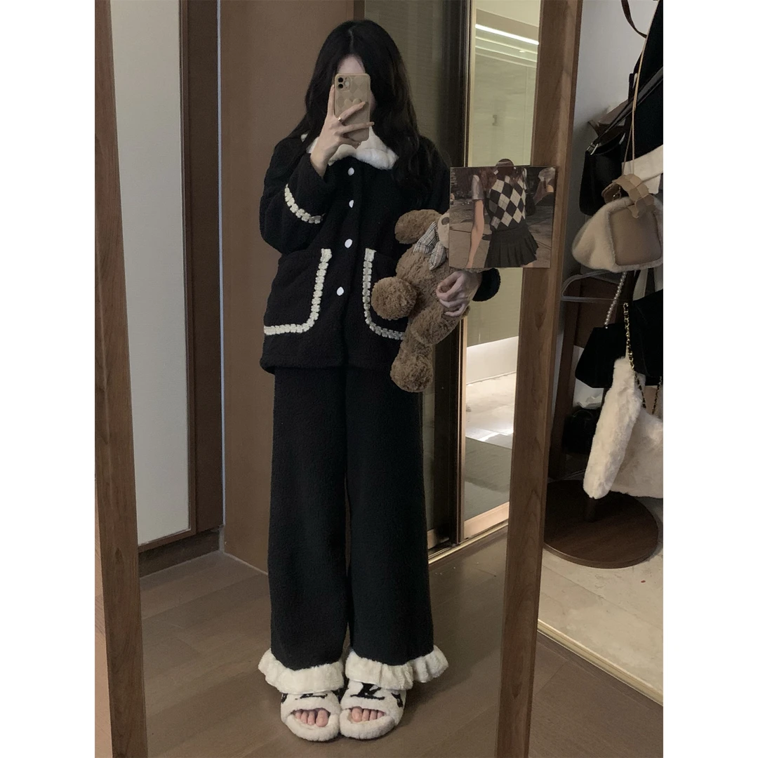 【网红小香风】珊瑚绒睡衣女冬季新款休闲宽松加绒加厚家居服套装