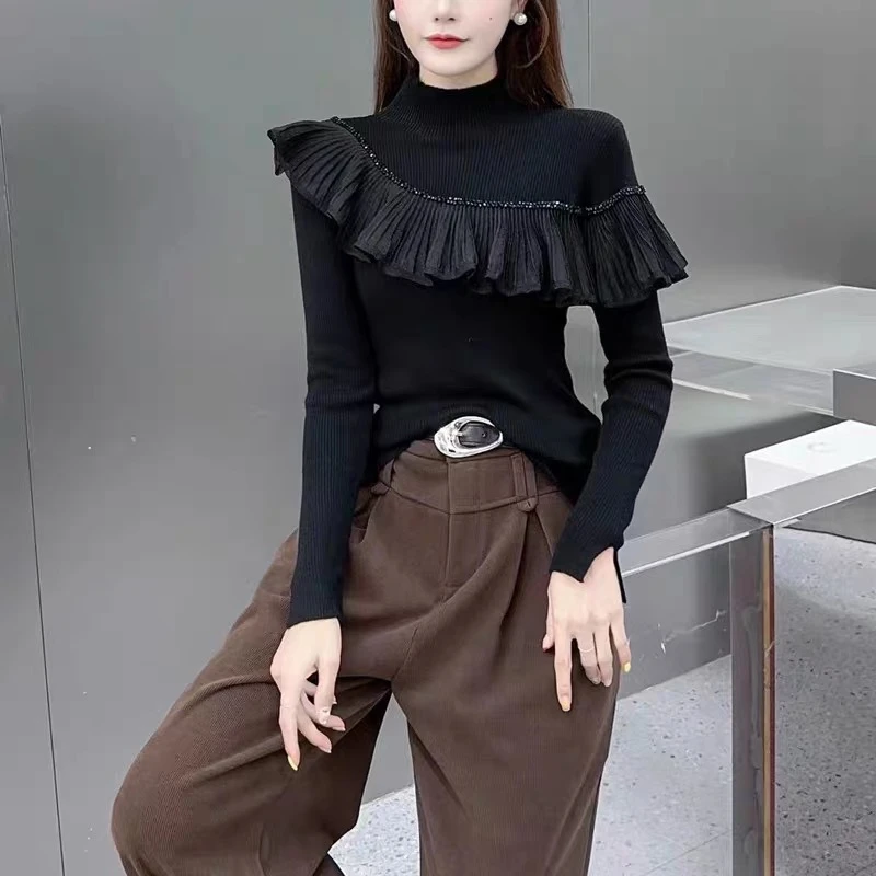 【流金岁月】2024新款秋冬重工烫钻高品质洋气高领弹力打底衫毛衣