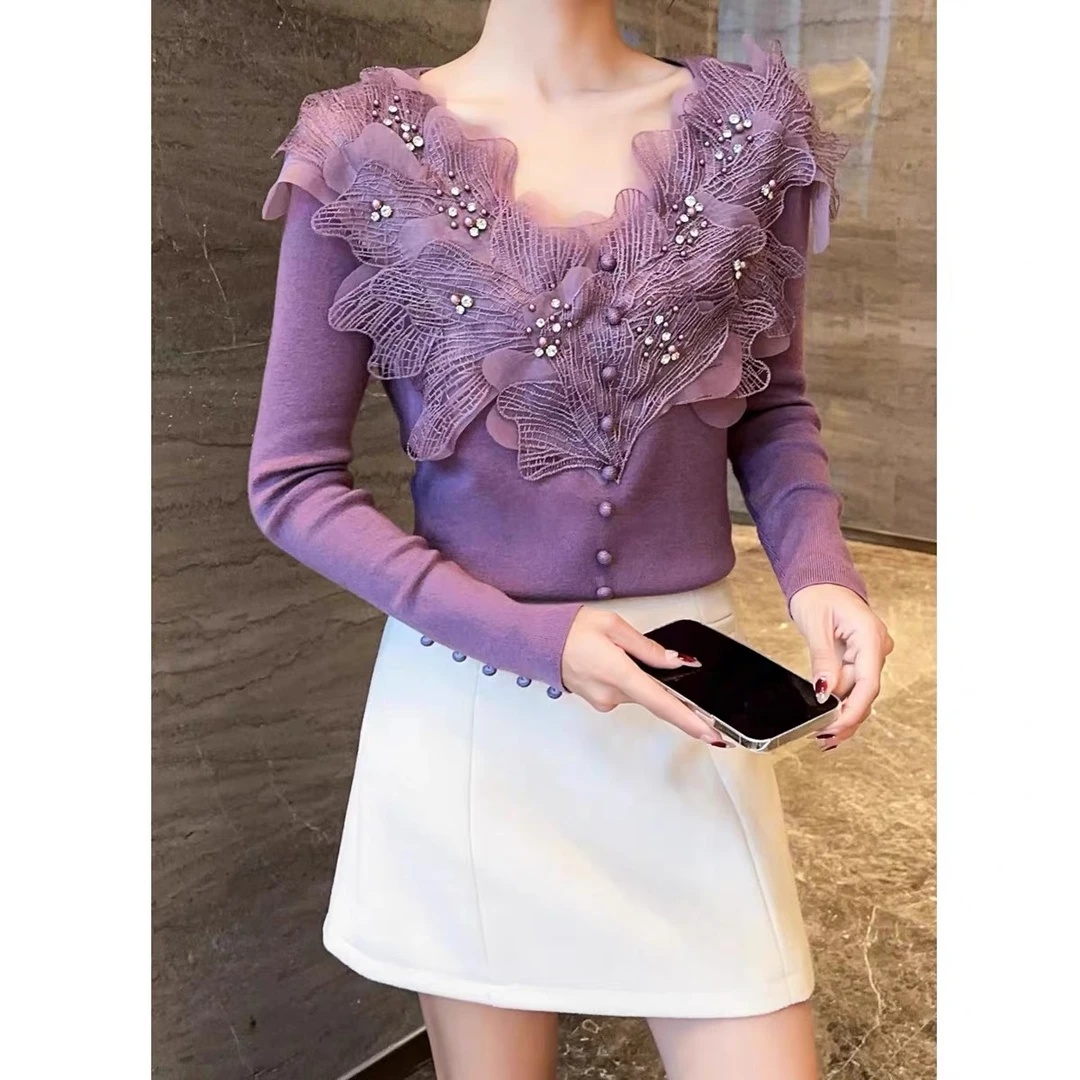 欧货正品2024秋新款重工钉珠荷叶边V领针织衫女修身显瘦打底毛衣