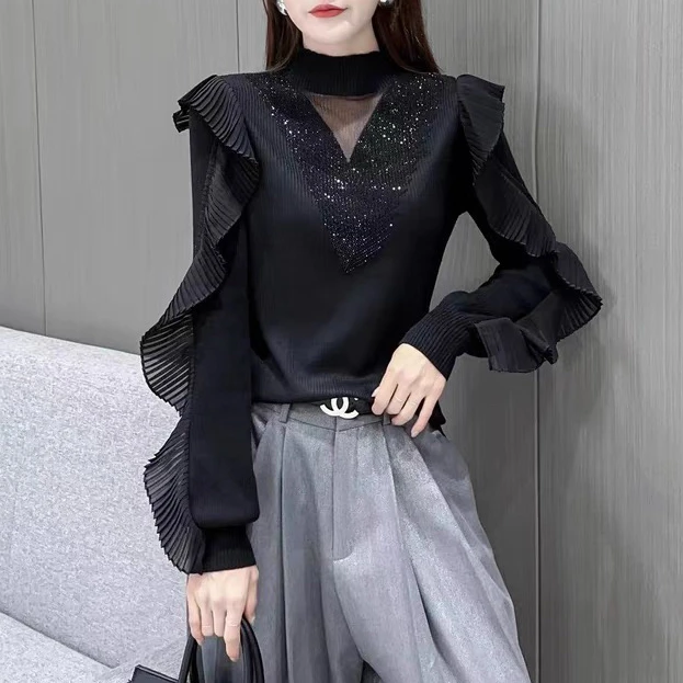 2024秋冬季新款温柔风百搭显瘦花边打底针织衫1491