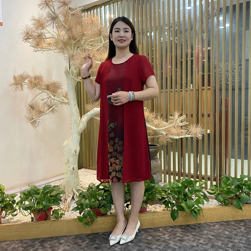 夏季时尚假两件印花连衣裙女洋气妈妈装减龄遮肉显瘦中长款碎花裙