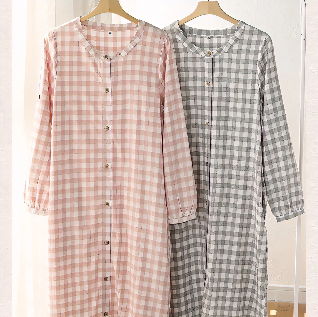 『格意』春秋长袖纯棉格子绒布睡裙家居服套装 LZ2256