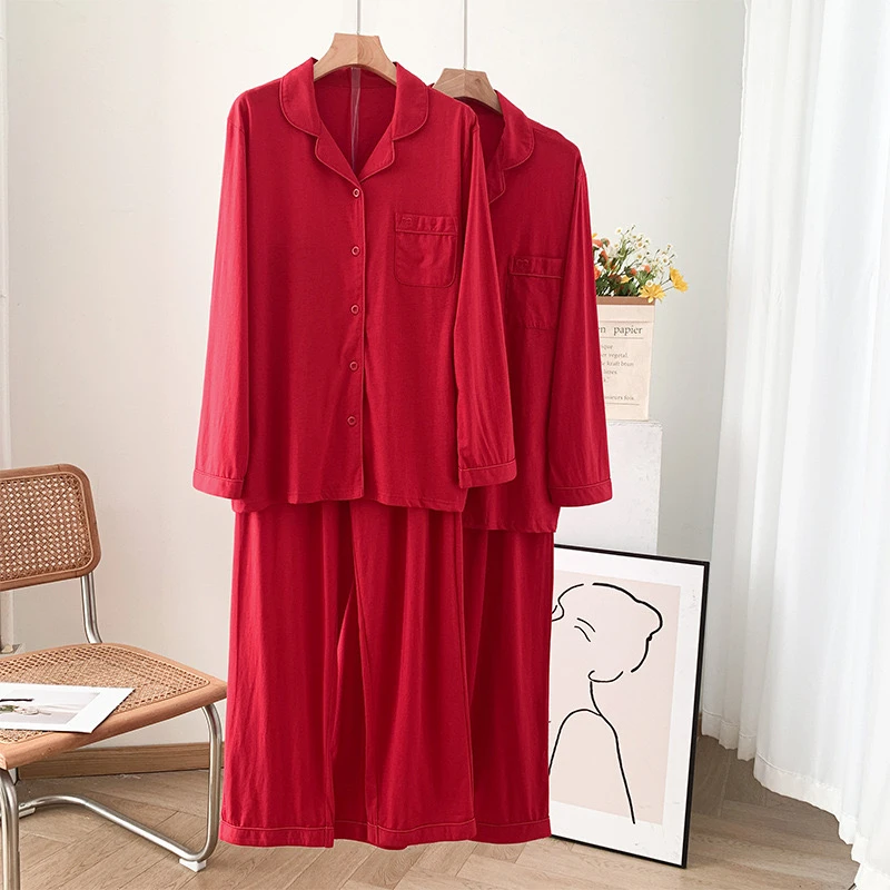 『喜服』婚嫁喜服本命年丝光棉睡衣红色全棉刺绣情侣家居服套装