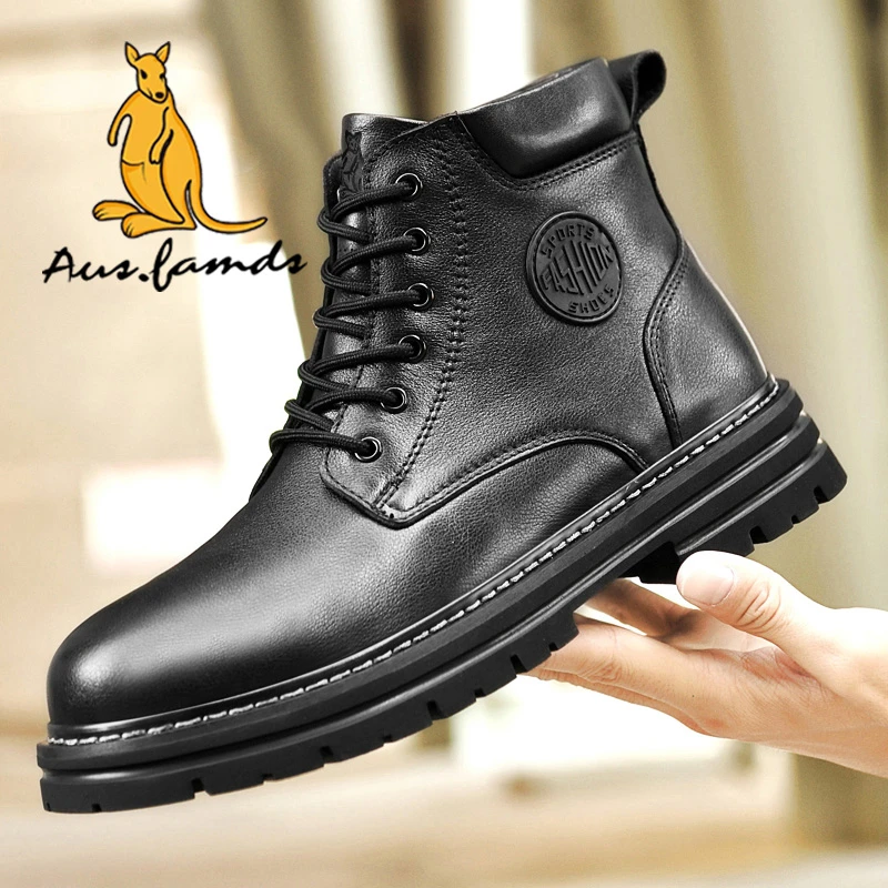 澳洲名袋鼠男鞋真皮高帮马丁靴冬季保暖男靴子45 46大码休闲皮鞋