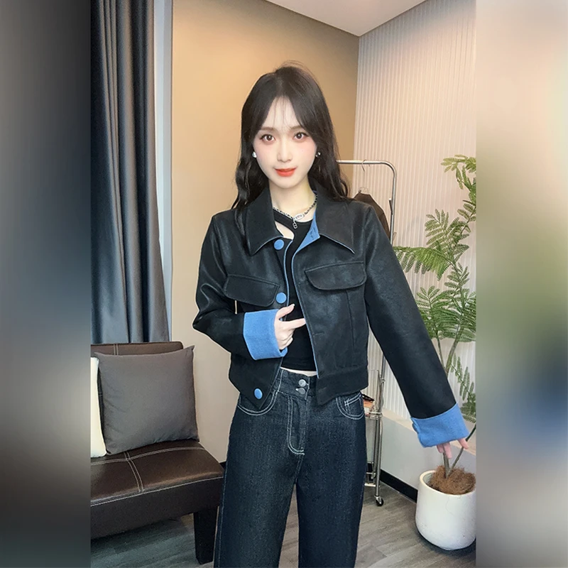 【暖酷捕手】秋季款韩版皮衣女短外套设计感百搭拼接色牛仔PU上衣