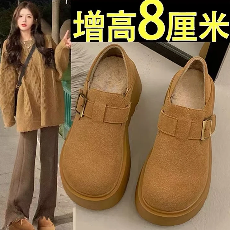 松糕厚底增高勃肯鞋女款2024新款秋冬季一脚蹬乐福鞋加绒棉鞋两穿
