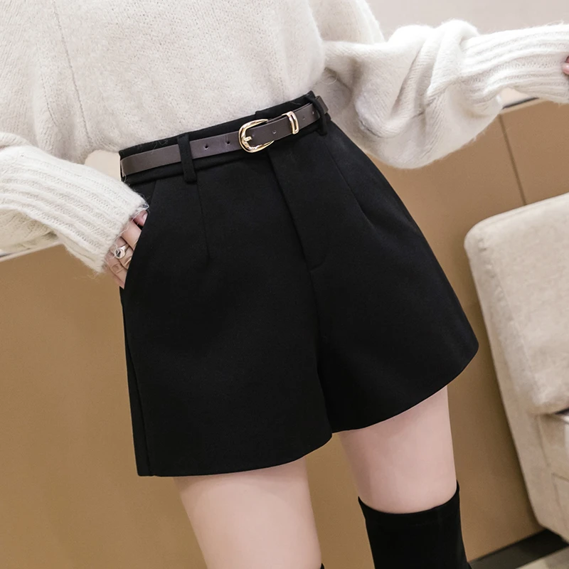 毛呢短裤女冬季外穿靴裤韩版高腰宽松显瘦阔腿裤休闲百搭打底裤